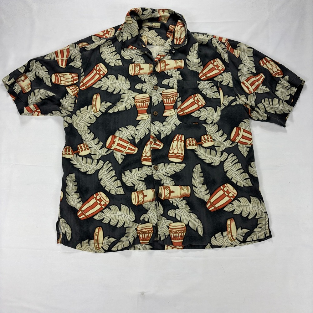 Tommy Bahama‎ Silk Aloha Shirt Drum Print Black Short Sleeve Camp L